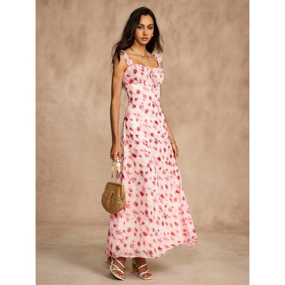 Commense Floral Maxi Dress Open Back Ruffle Tie Cottagecore size XL/12US - Picture 3 of 6